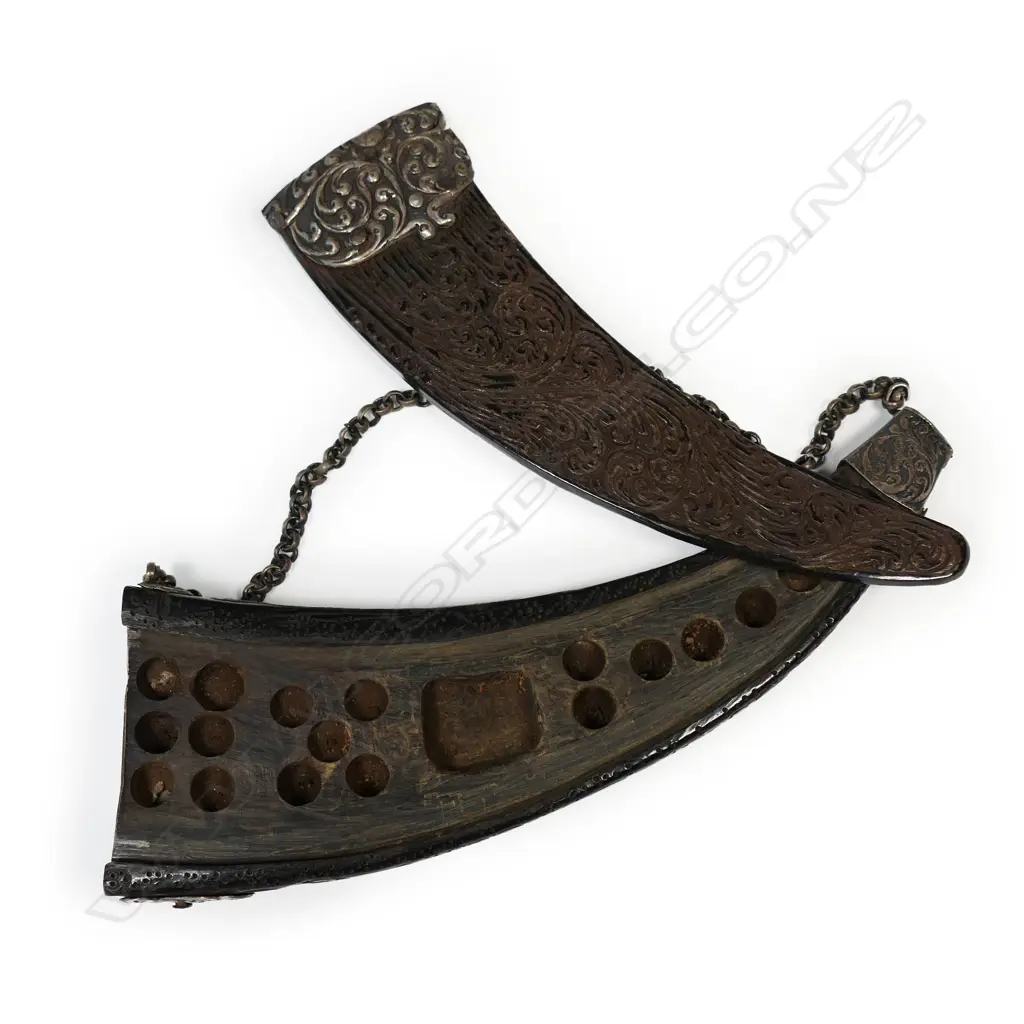 An old Indonesian carved horn container and old bronze tribal scroll section, Image 1++